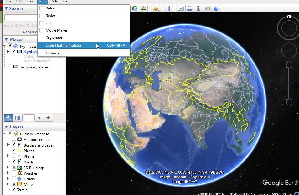 Enter Flight Simulator mode in Google Earth