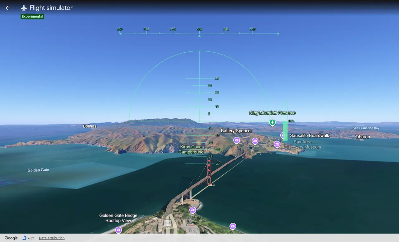 Flying over the Golden Gate Bridge toward the Marin Headlands in Google Earth’s flight simulator