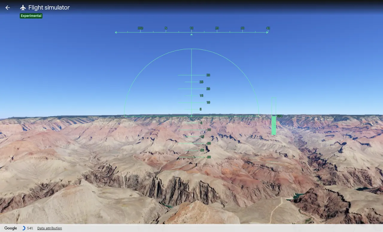 Google Earth’s web flight simulator over the Grand Canyon, with five parts of the head-up display numbered