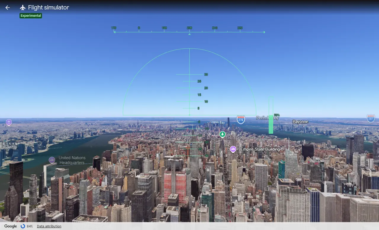 Google Earth’s flight simulator over Manhattan, with the green head-up display over the skyscrapers