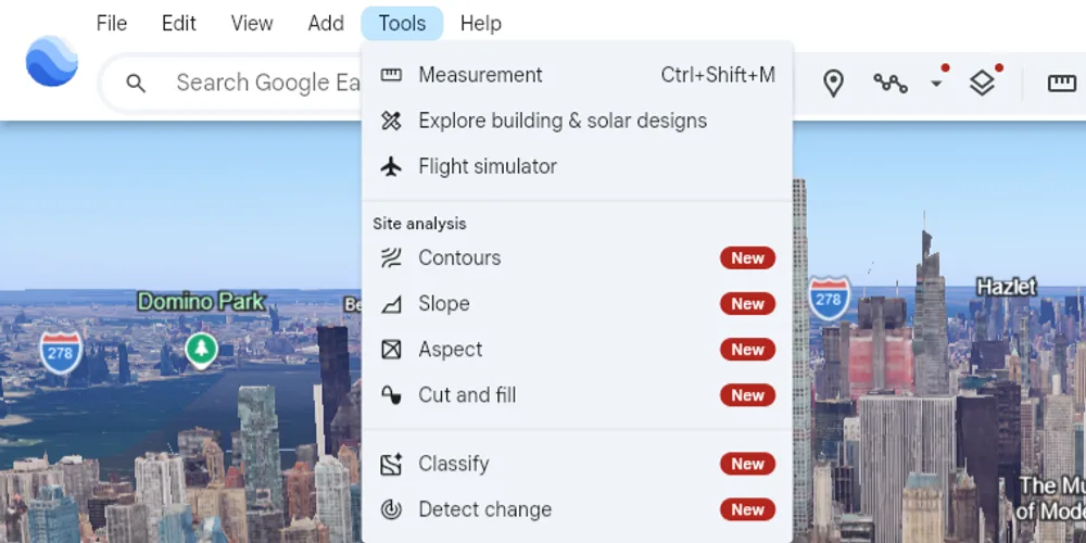 The Tools menu in Google Earth on the web, with Flight simulator as the third item