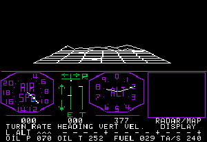 subLOGIC’s Flight Simulator on the Apple II: a white wireframe landscape above purple instrument dials and green text readouts