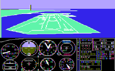 Microsoft Flight Simulator 1.0 on the IBM PC: a blocky green runway under a purple sky, above a panel of round gauges