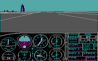 Flight Simulator 2 at Meigs Field: a striped gray runway pointing at a single tower on the horizon, above the gauges
