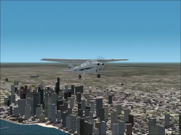 Flight Simulator 2002: a high-wing plane flying over a dense 3D city beside a lake