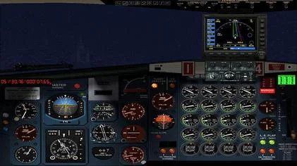 Flight Simulator 2004: the cockpit of a Boeing 707 at night, full of round gauges, with a GPS screen above