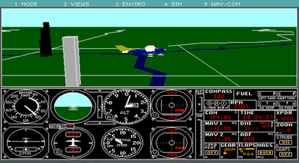 Flight Simulator 3.0: a flat green landscape with a river and a few block buildings, over a full instrument panel