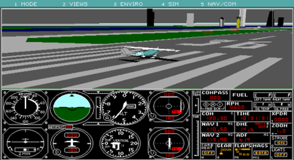Flight Simulator 4.0: a small plane on a gray runway with towers in the distance, seen from outside, over the instrument panel