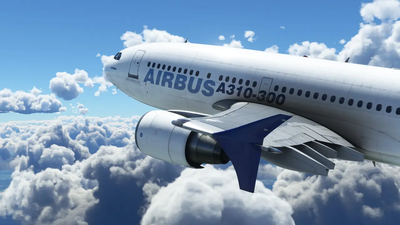An Airbus A310-300 in Airbus colors flying above the clouds
