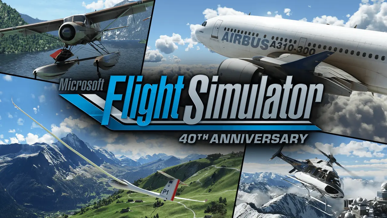 Microsoft Flight Simulator 40th Anniversary key art: an Airbus A310, a glider, a helicopter and a floatplane around the anniversary logo