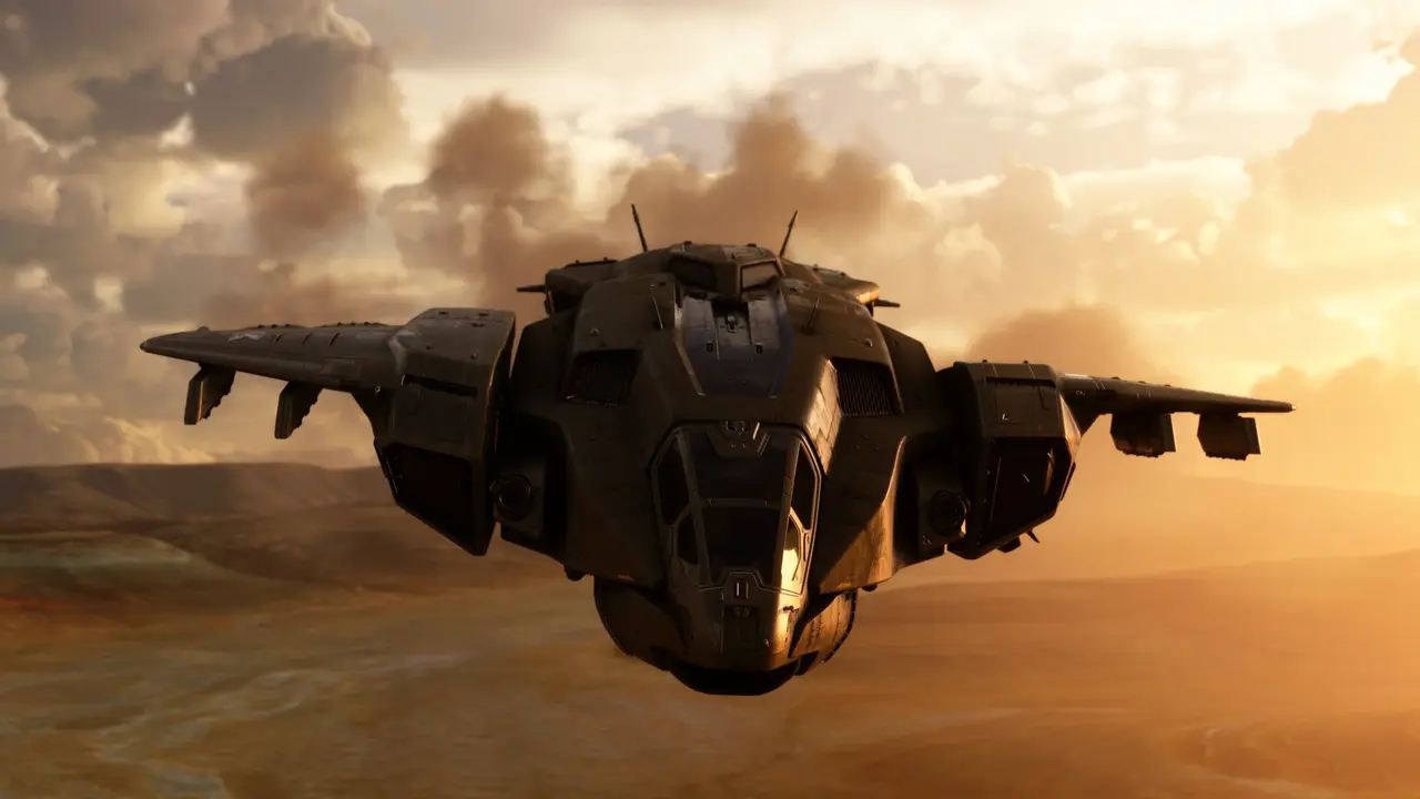 The Halo Infinite Pelican dropship flying over a desert at sunset in Microsoft Flight Simulator