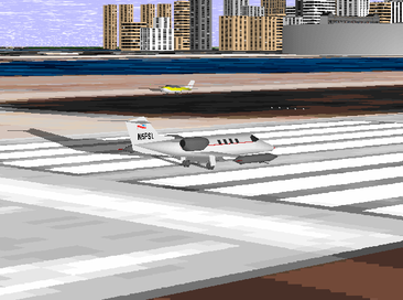 Flight Simulator for Windows 95: a Learjet on the runway at Meigs Field with Chicago’s skyscrapers behind it