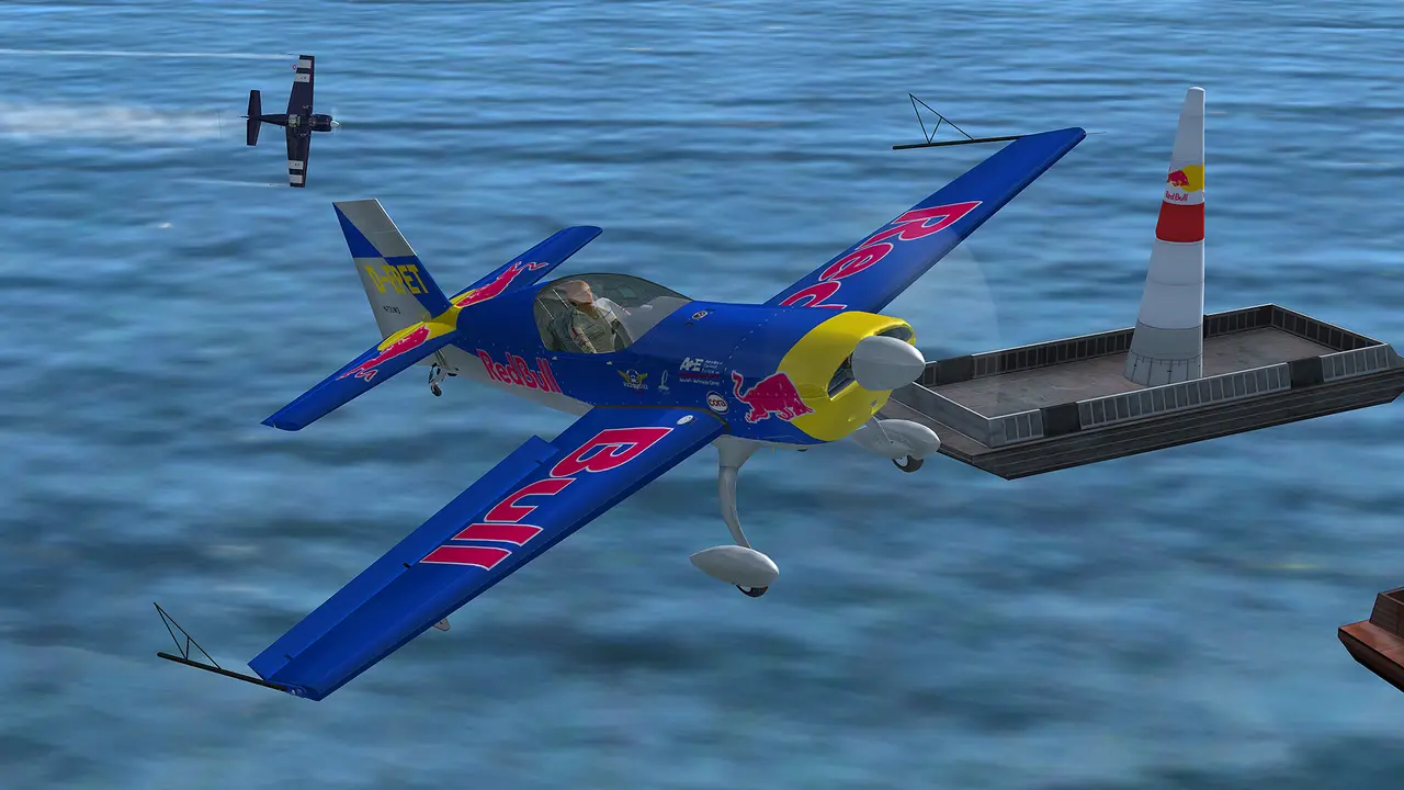 FSX Acceleration: a blue and red race plane flying low over the water past an air race pylon