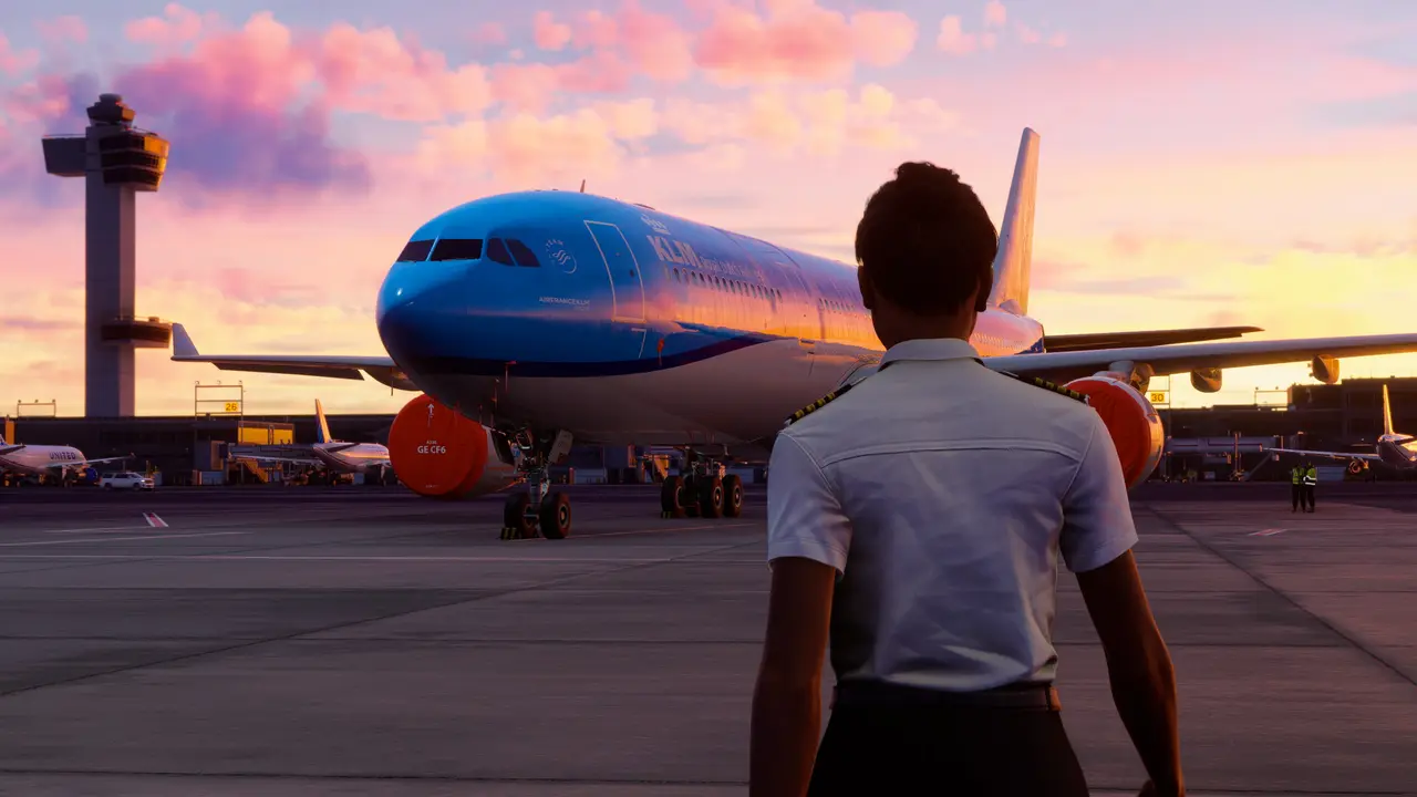 MSFS 2024: a pilot walking toward an airliner on the apron at sunset before a flight