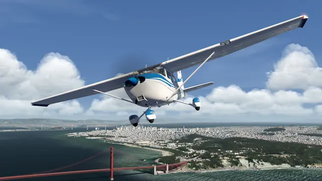 A Cessna flying over the Golden Gate Bridge and San Francisco in Aerofly FS 4