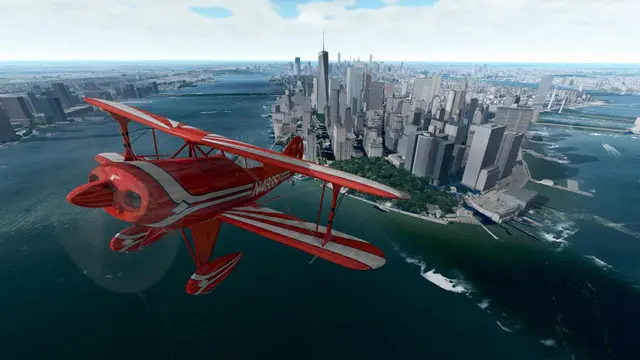 A red biplane flying over Manhattan in GeoFS