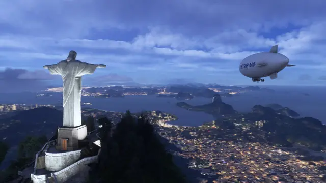 Christ the Redeemer above Rio de Janeiro at dusk, with an airship flying past, in Microsoft Flight Simulator 2024